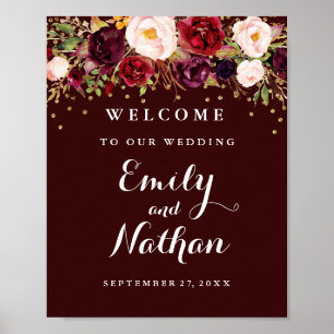 Póster Cartel de bienvenida de boda confeti dorado floral
