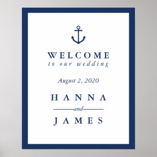 Póster Cartel de bienvenida de boda de ancla azul marino 