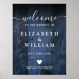 Póster Cartel de bienvenida de boda de madera rústica azu