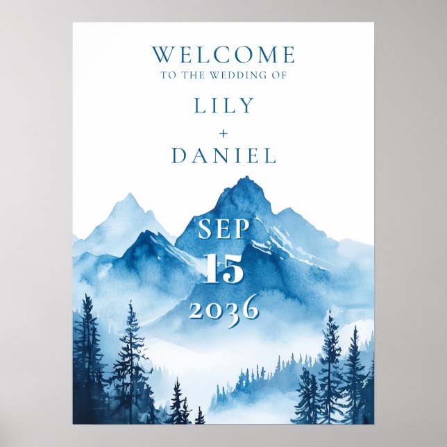 Póster Cartel de bienvenida de boda de montaña con acuare (Frente)