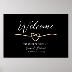 Póster Cartel de bienvenida de boda de oro romántico negr