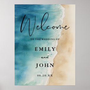 Póster Cartel de bienvenida de boda de playa con océano a