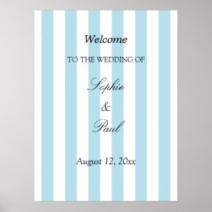 Póster Cartel de bienvenida de boda de rayas azules pálid