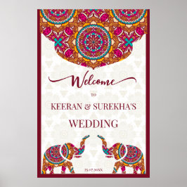 Póster Cartel de bienvenida de boda elefante mandala indi