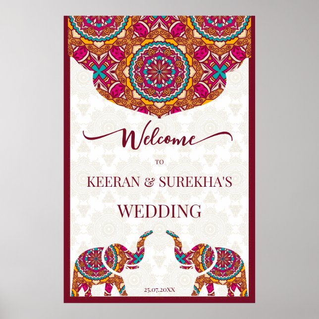 Póster Cartel de bienvenida de boda elefante mandala indi (Frente)