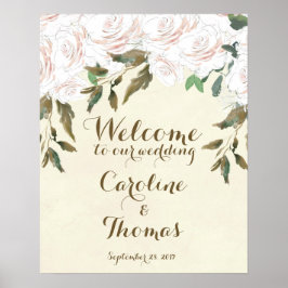 Póster Cartel de bienvenida de boda elegante floral blanc
