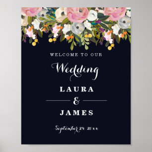 Póster Cartel de bienvenida de boda Flor Botánica Navy