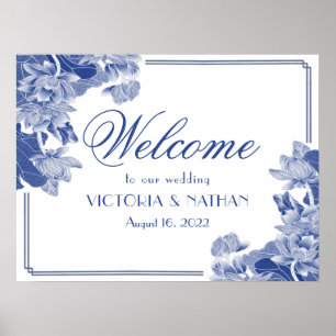 Póster Cartel de bienvenida de boda floral azul estilo ch