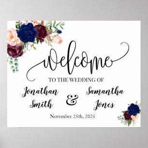 Póster Cartel de bienvenida de boda floral azul marino bo