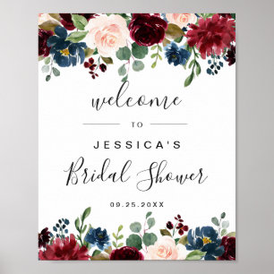 Póster Cartel de bienvenida de boda floral azul marino de