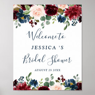 Póster Cartel de bienvenida de boda floral azul marino de