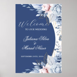 Póster Cartel de bienvenida de boda floral azul marino po