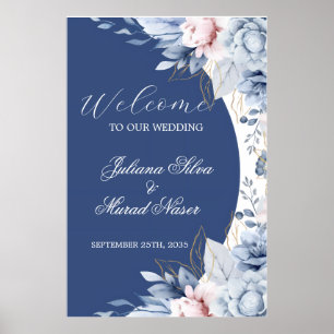 Póster Cartel de bienvenida de boda floral azul marino po