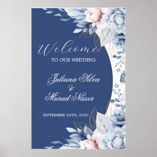 Póster Cartel de bienvenida de boda floral azul marino po