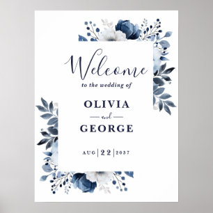 Póster Cartel de bienvenida de boda floral azul marino y 