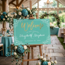 Cartel de bienvenida de boda floral blanco y azul 