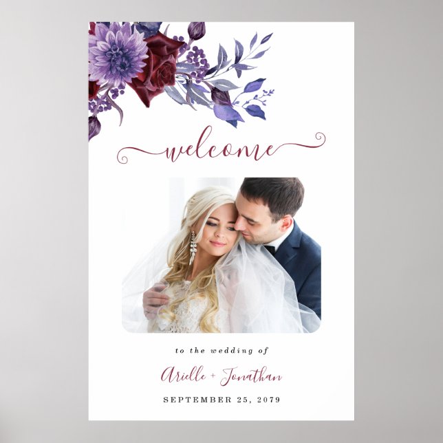 Póster Cartel de bienvenida de boda floral blanco y morad (Frente)