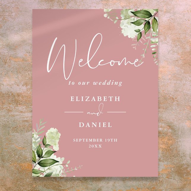 Póster Cartel de bienvenida de boda floral con follaje de (Dusty Rose Greenery Floral Wedding Welcome Sign)
