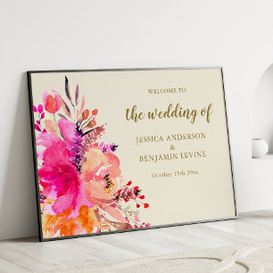 Póster Cartel de bienvenida de boda floral de acuarela ro