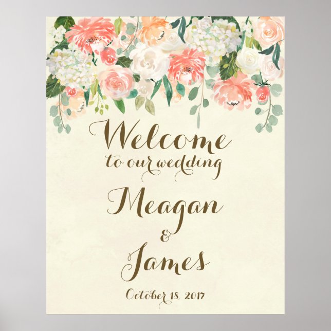 Póster cartel de bienvenida de boda floral de melocotón (Frente)