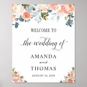 Póster Cartel de bienvenida de boda floral de melocotón d
