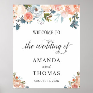 Póster Cartel de bienvenida de boda floral de melocotón d