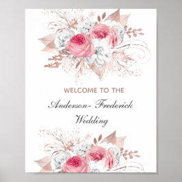 Póster Cartel de bienvenida de boda floral de oro rosa bl