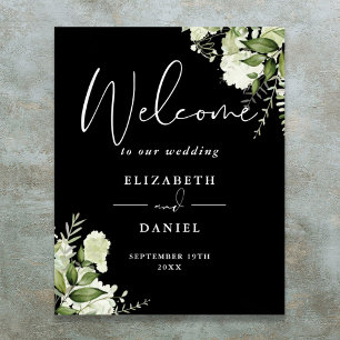 Póster Cartel de bienvenida de boda floral de verde blanc