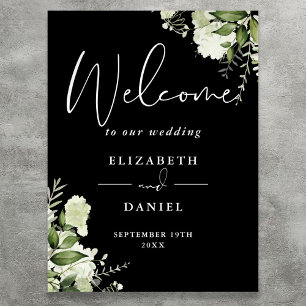 Póster Cartel de bienvenida de boda floral de verde blanc
