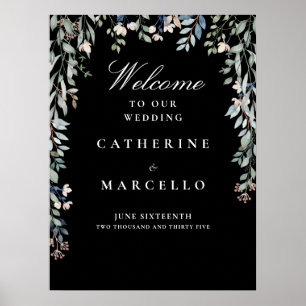 Póster Cartel de bienvenida de boda floral en blanco y ne