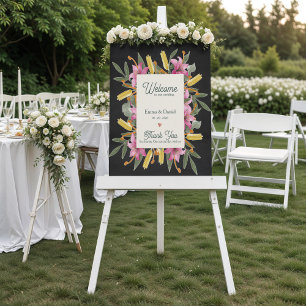 Póster Cartel de bienvenida de boda floral negro Lily Blu