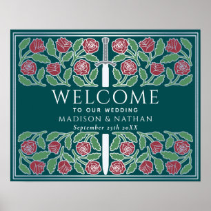 Póster Cartel de bienvenida de boda floral plateado turqu