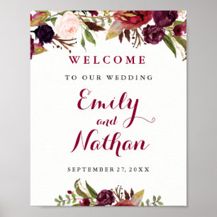 Póster Cartel de bienvenida de boda floral rojo burdeos d