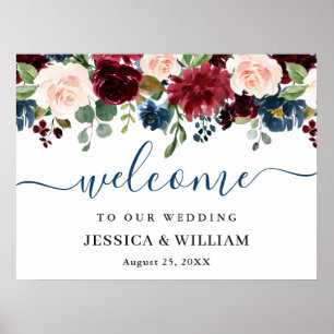 Póster Cartel de bienvenida de boda floral rosa naval de