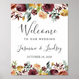Póster Cartel de bienvenida de boda floral rústico borgoñ