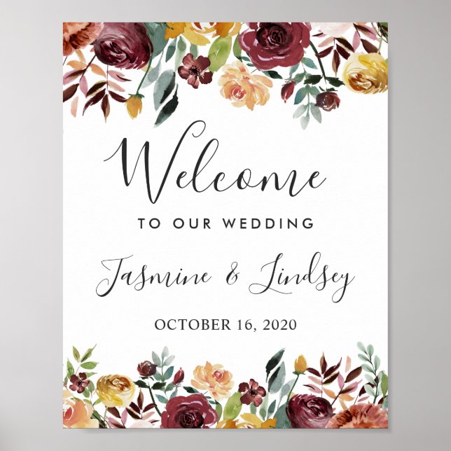 Póster Cartel de bienvenida de boda floral rústico borgoñ (Frente)