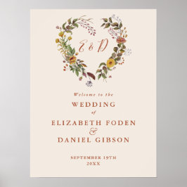 Póster Cartel de bienvenida de boda floral rústico de oto