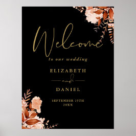 Póster Cartel de bienvenida de boda floral rústico negro 