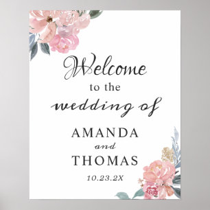 Póster Cartel de bienvenida de boda floral rústico rosa p