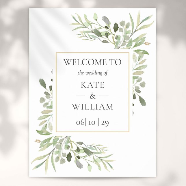 Póster Cartel de bienvenida de boda floral verde (Greenery Floral Wedding Welcome Sign)