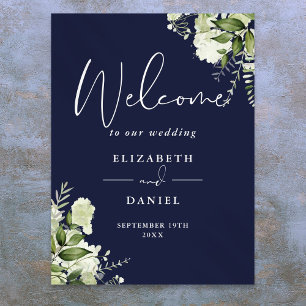 Póster Cartel de bienvenida de boda floral verde azul mar
