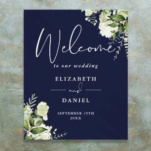 Póster Cartel de bienvenida de boda floral verde azul mar