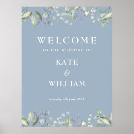 Póster Cartel de bienvenida de boda floral verde azul pol