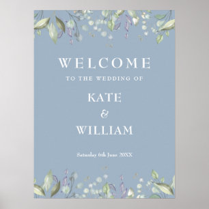 Póster Cartel de bienvenida de boda floral verde azul pol