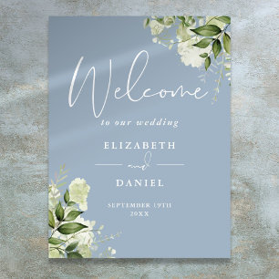 Póster Cartel de bienvenida de boda floral verde azul pol