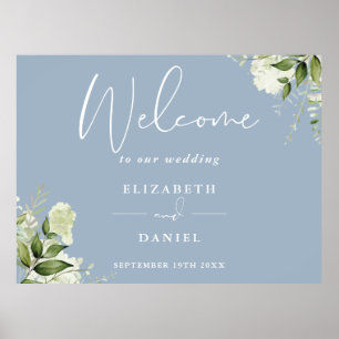 Póster Cartel de bienvenida de boda floral verde azul pol