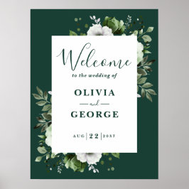 Póster Cartel de bienvenida de boda floral verde esmerald