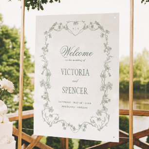 Póster Cartel de bienvenida de boda floral vintage verde