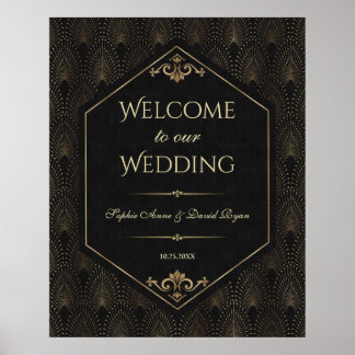 Póster Cartel de bienvenida de boda Glam Gold Black Great