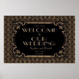Póster Cartel de bienvenida de boda Glamorous Gold Black